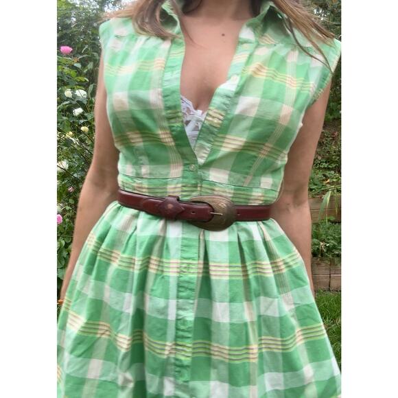 Reworked Green Gingham Cotton Tunic / Mini Dress / Western - Picture 4 of 8